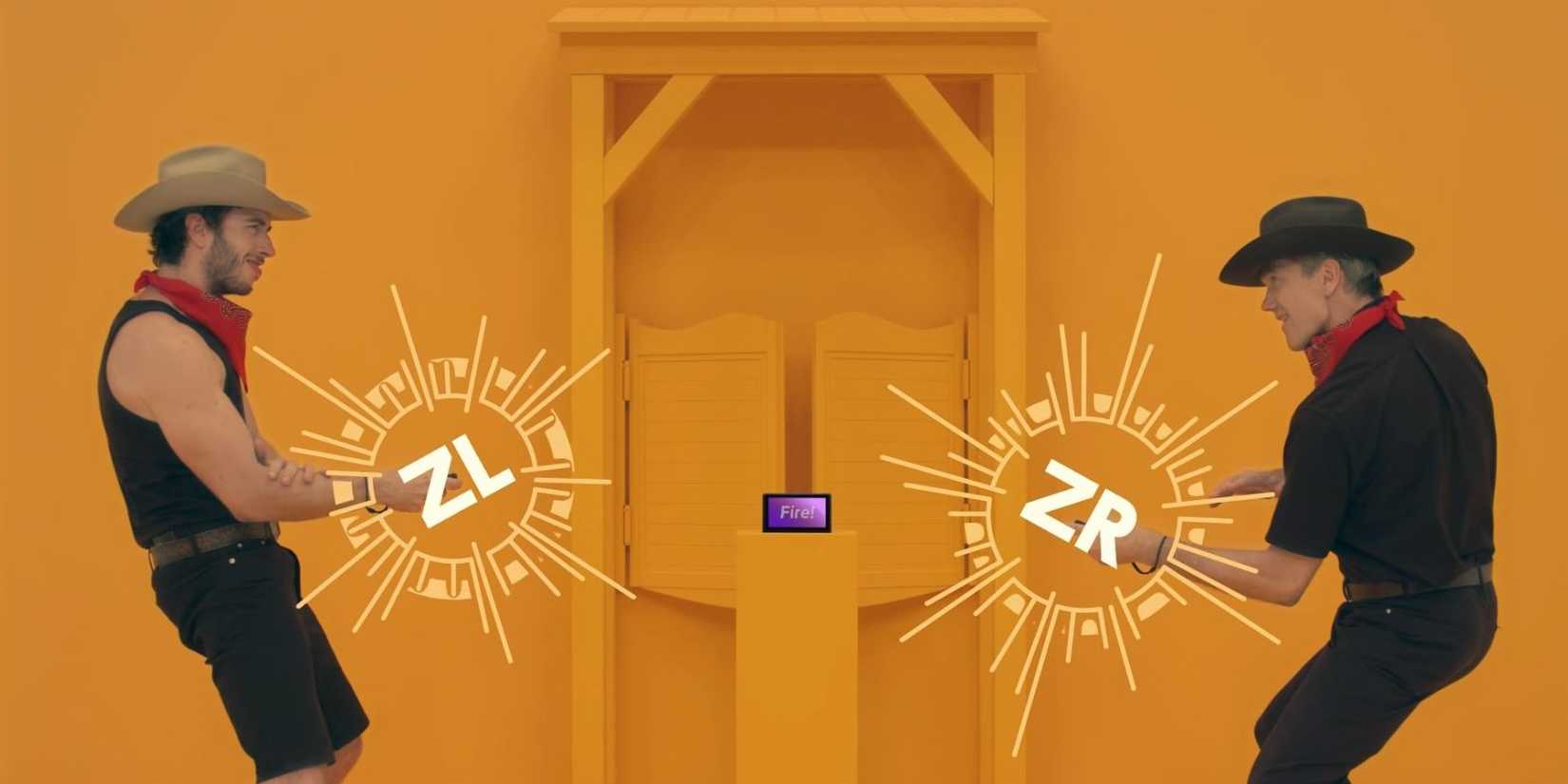 Two actors in cowboy outfits demonstrate the Quick Draw minigame from 1-2-Switch