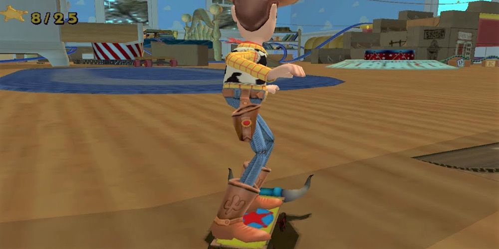 Woody skates across the floor in Disney’s Extreme Skate Adventure