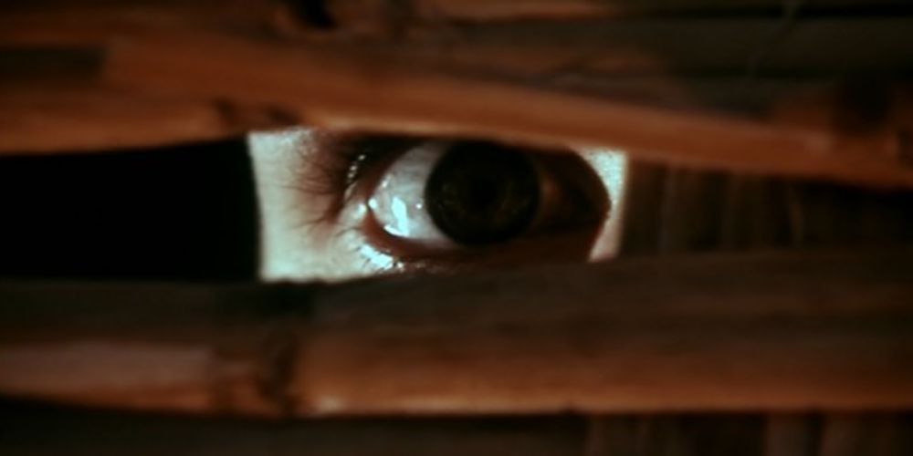 Someone peering through window blinds in A Bay Of Blood