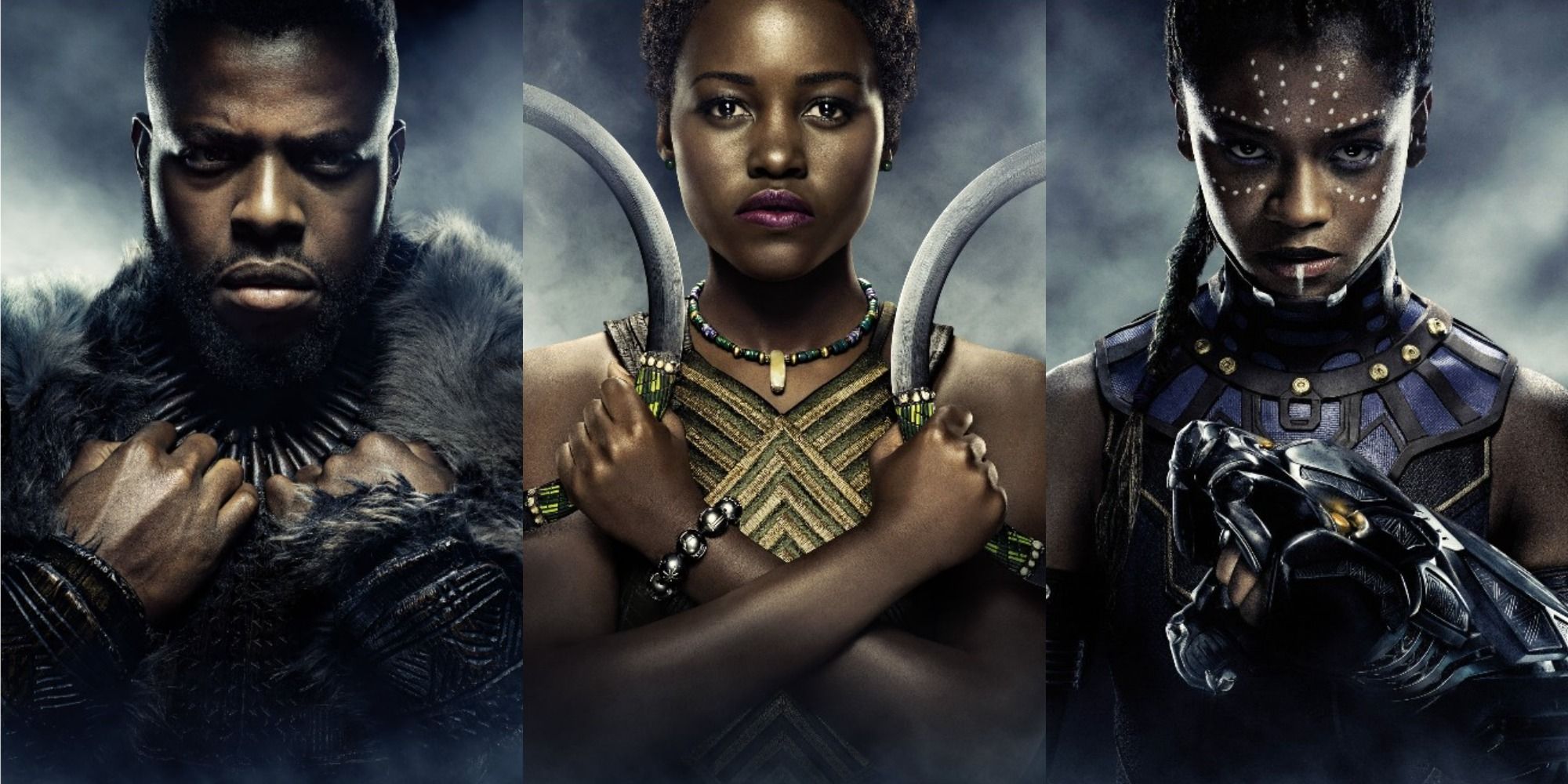 A collage of the character posters for M'Baku, Nakia and Shuri from Black Panther