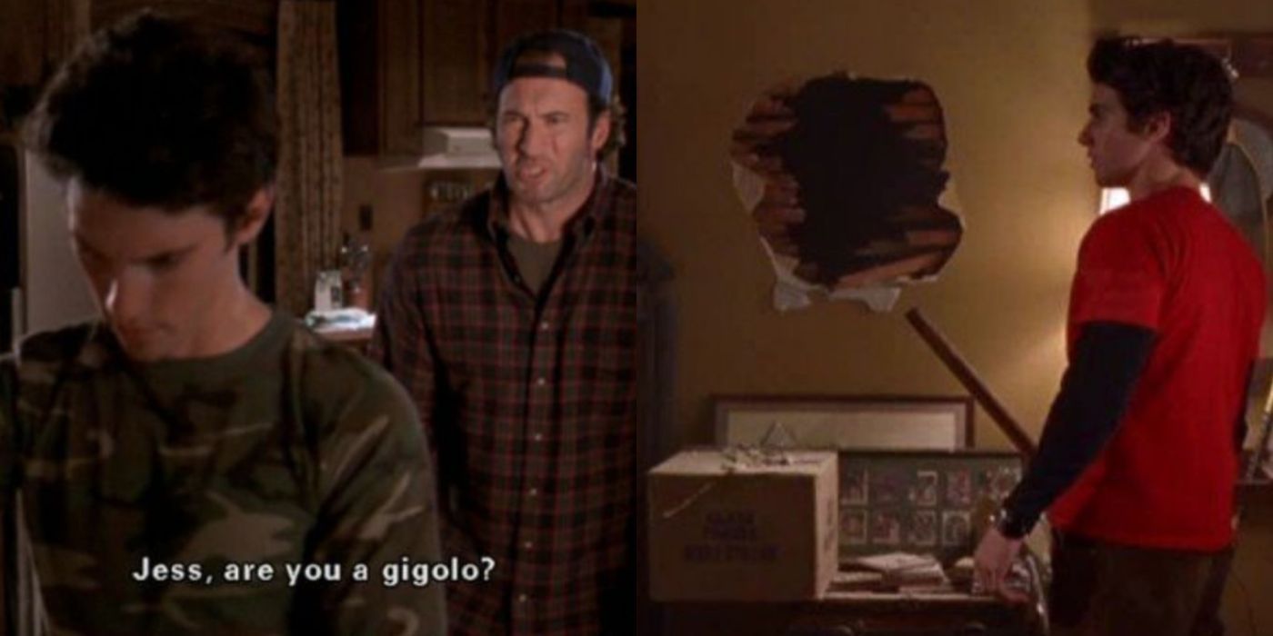 A split image of Luke and Jess fighting at home on Gilmore Girls