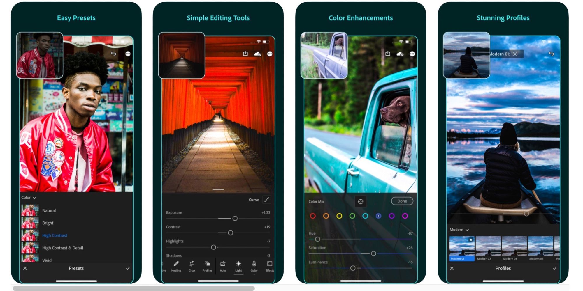 Screenshots of the Adobe Lightroom mobile app.