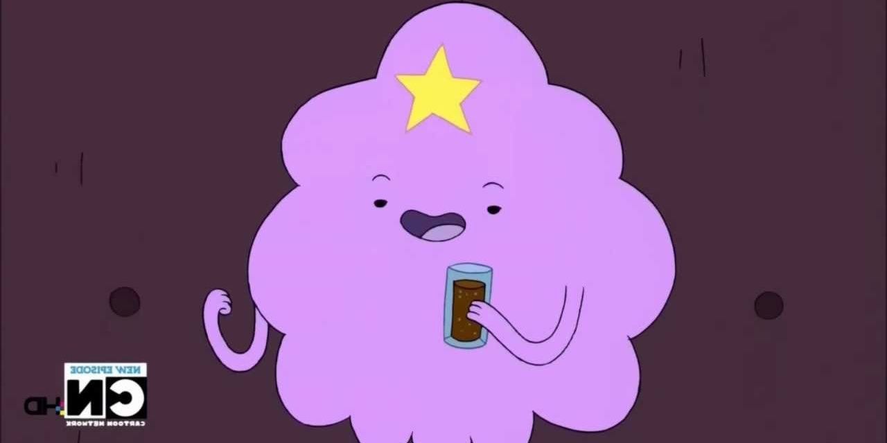 Lumpy Space Princess in Adventure Time holding a glass. 