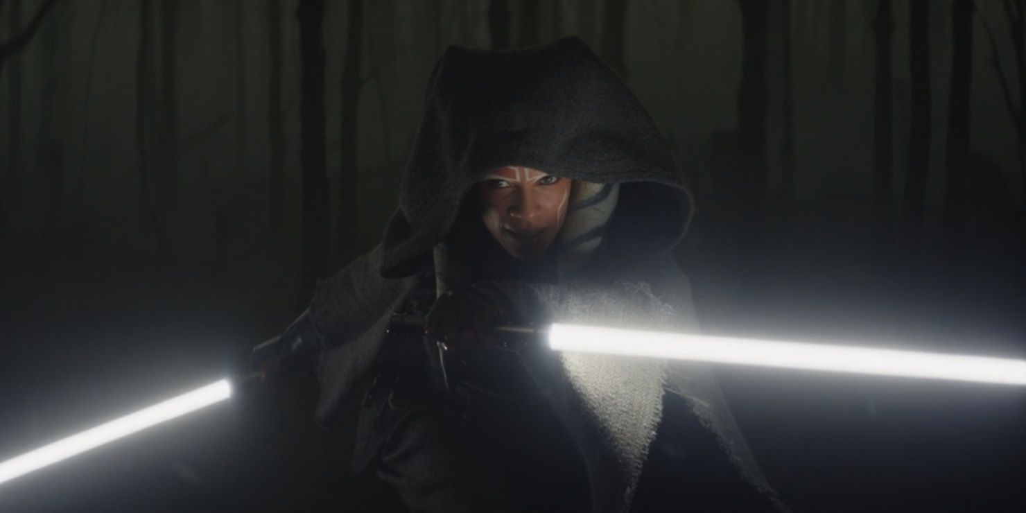 Ahsoka Tano holding her lightsabers in the woods in The Mandalorian