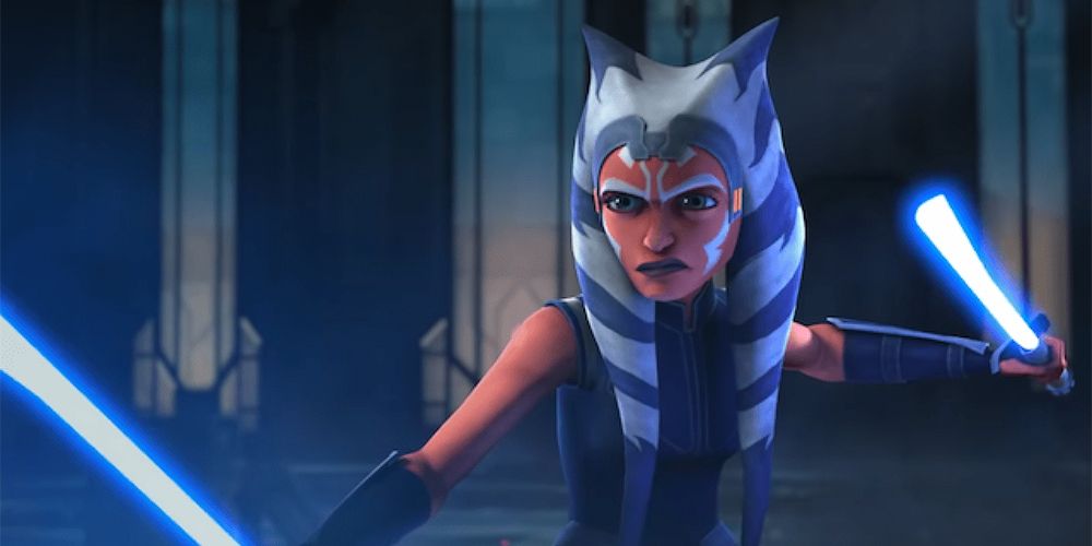 Ahsoka Tano with her sabers prepared to fight Maul in The Clone Wars