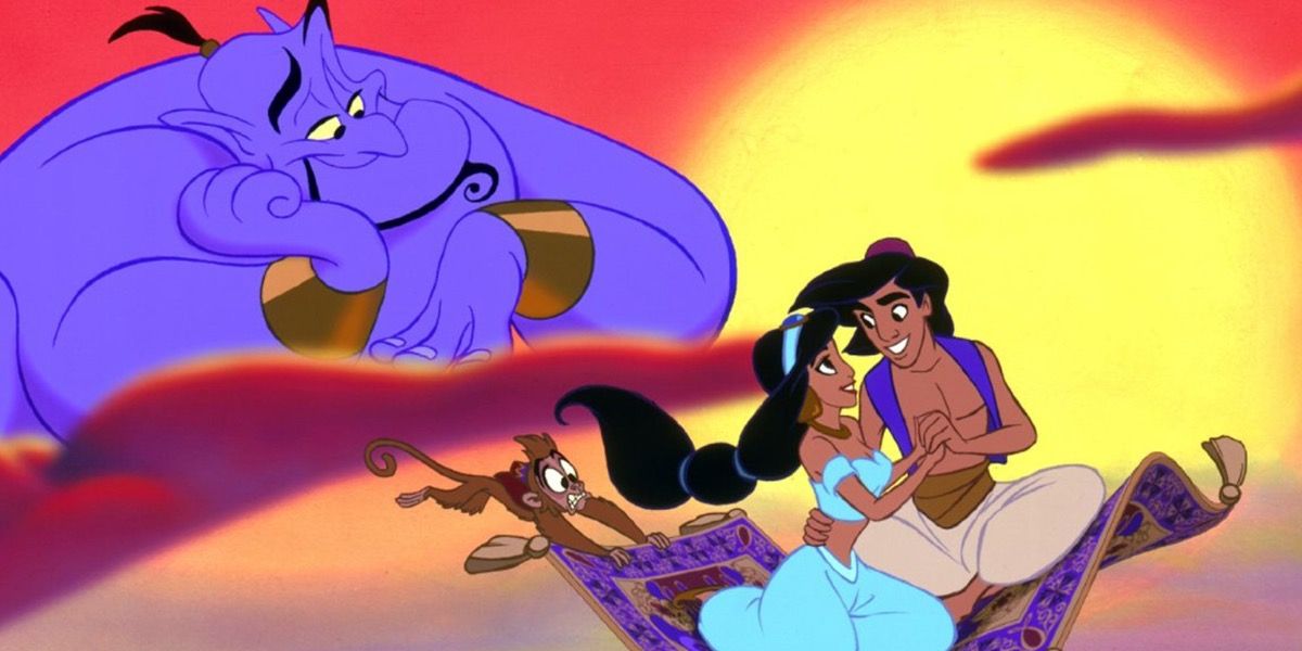 Characters Of Aladdin against a sunset in the background in Disney's original Aladdin.