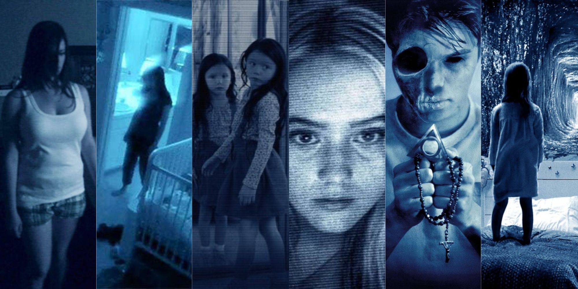 All Paranormal Activity movie blue and grey shots collage