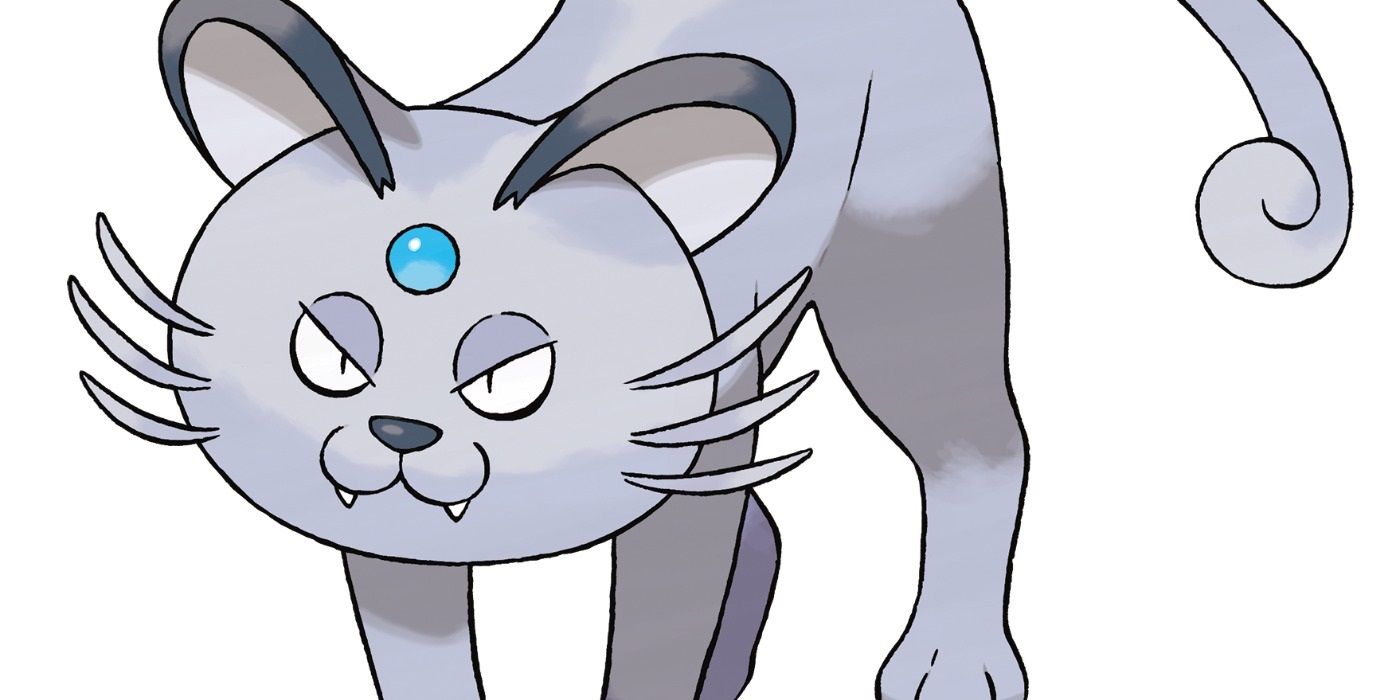 Alolan Persian in front of a white background in the Pokemon anime.