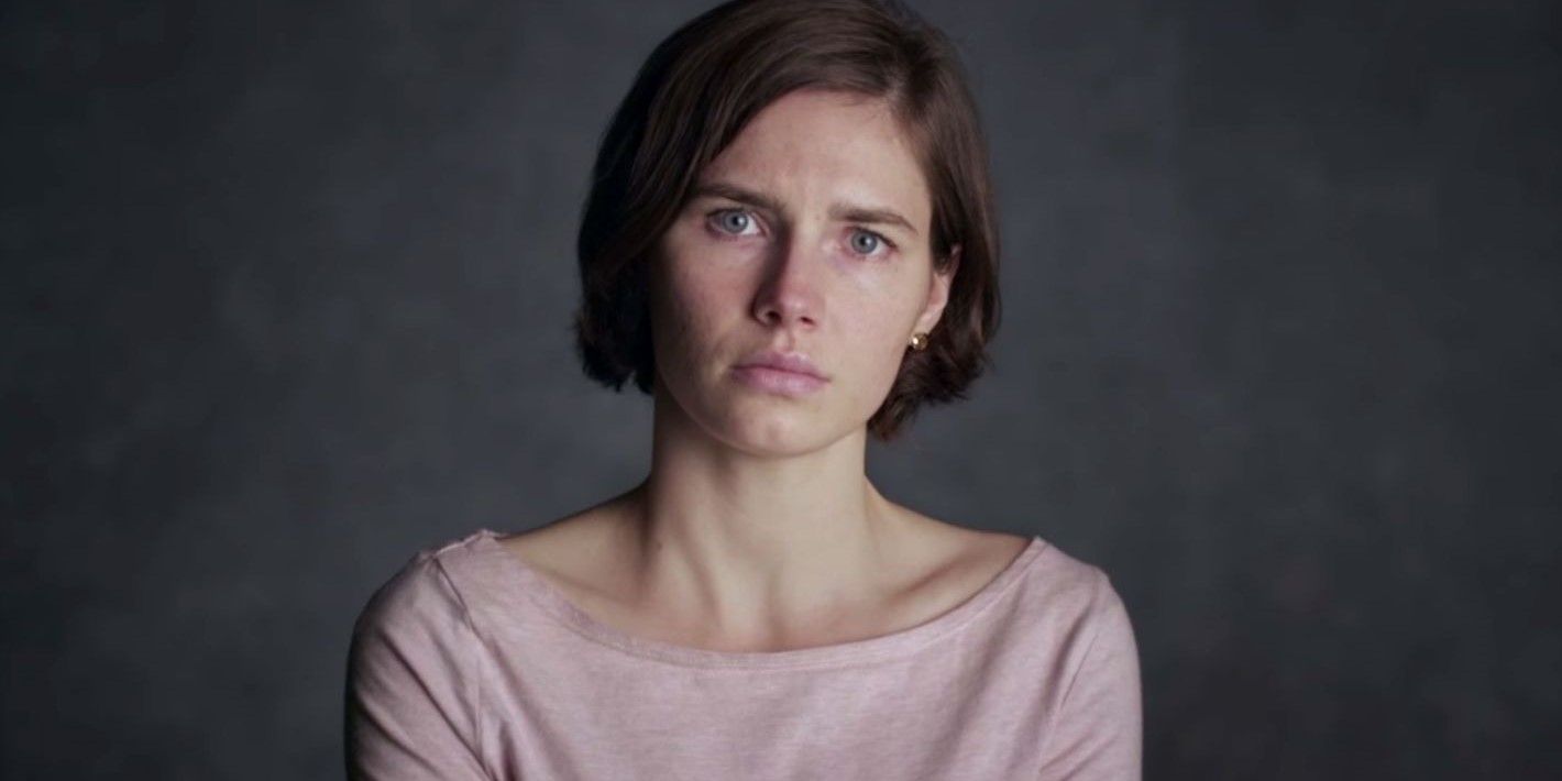 Close up shot of Amanda Knox in documentary