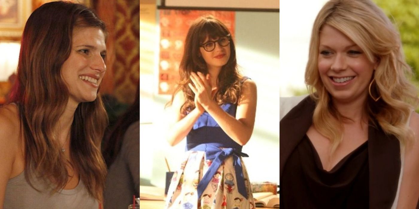Amanda smiling at the bar, Jess with her hands together at the school and Caroline smiling outside in New Girl collage