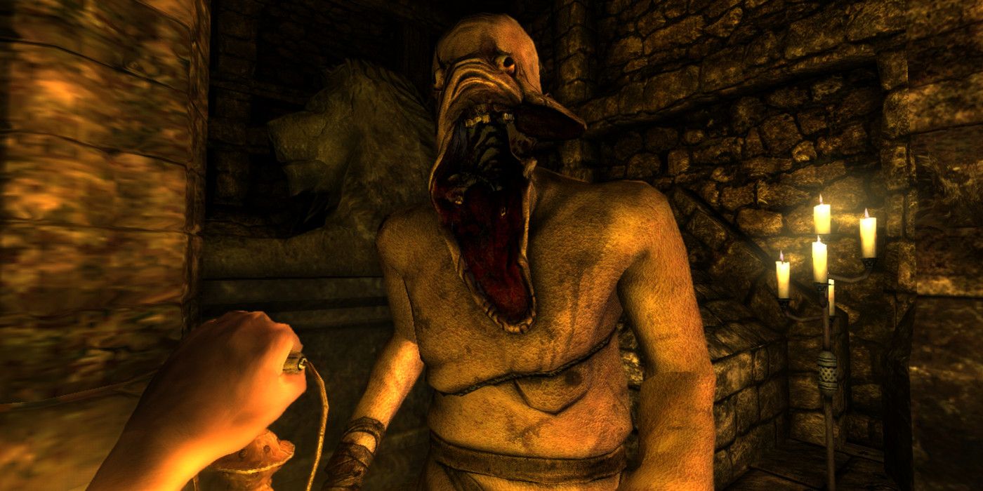 A grotesque creature in the video game Amnesia