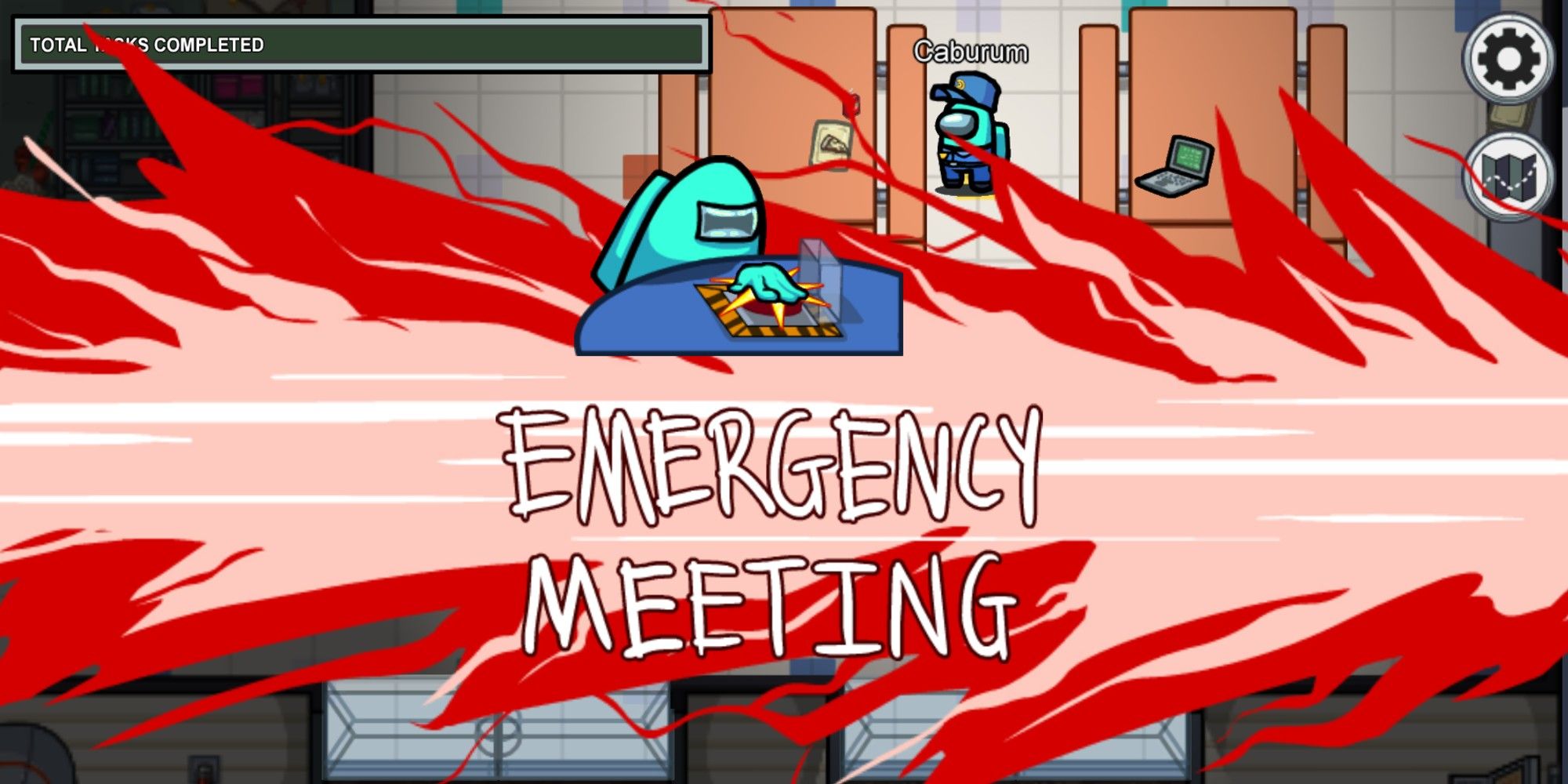 A player calls an Emergency Meeting in the Cafeteria in Among Us