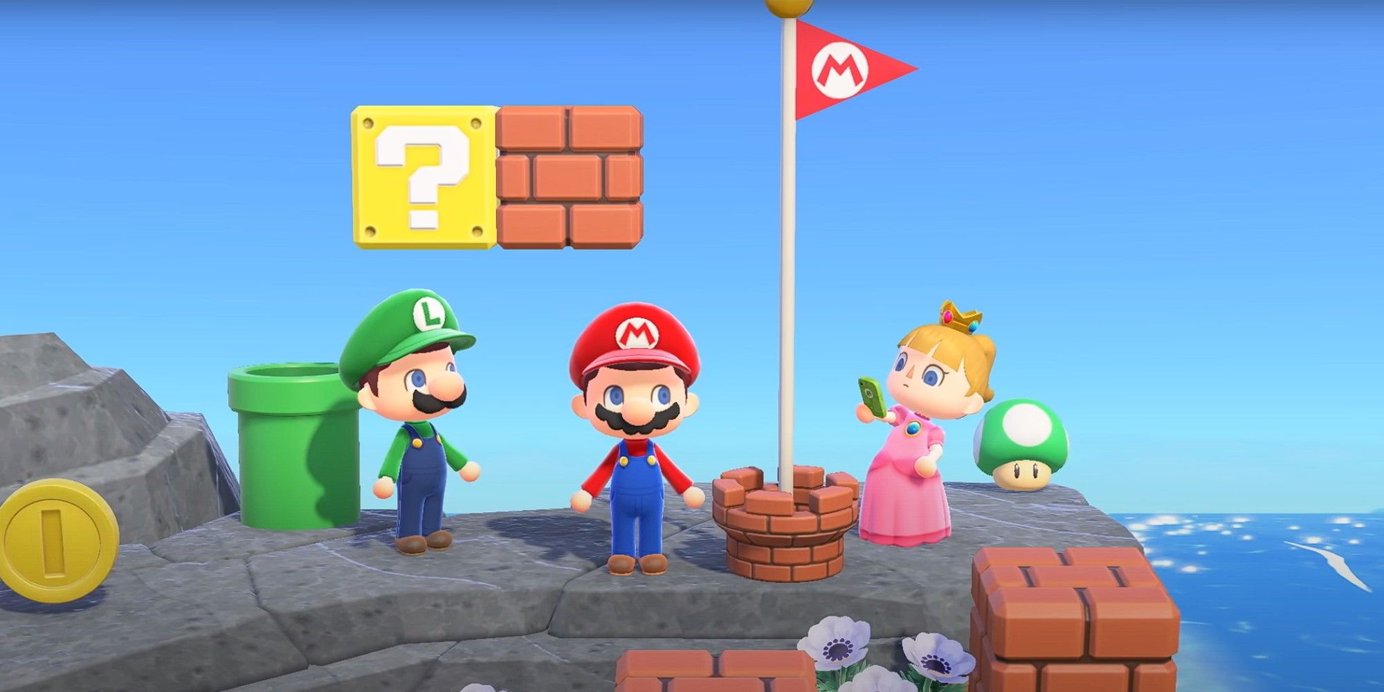 Mario raises the Mario Goal Flag with Luigi and Peach in Animal Crossing: New Horizons