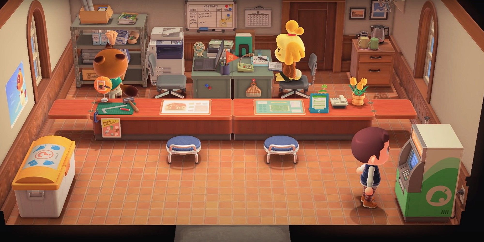 A player uses the Nook Shopping kiosk in Resident Services in Animal Crossing: New Horizons