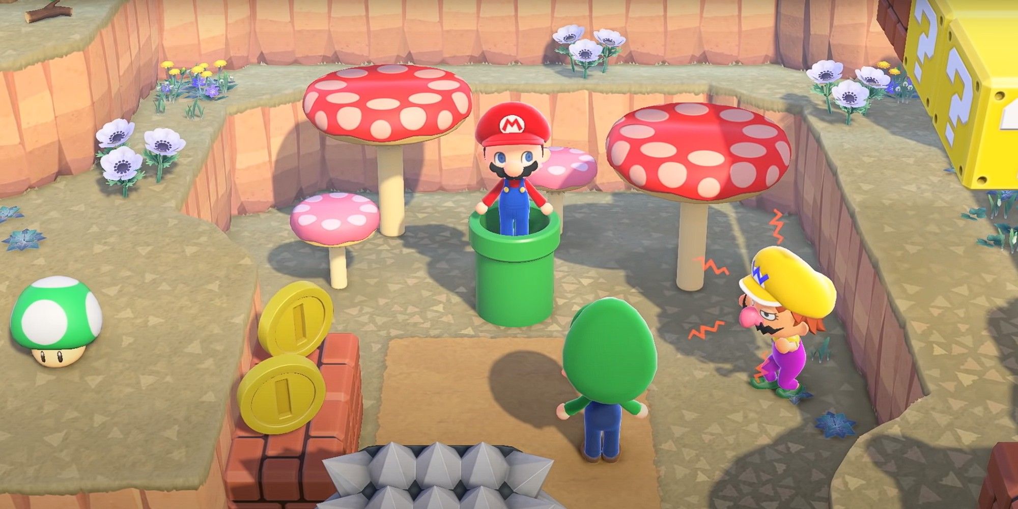 A player wears the Mario costume and uses a warp pipe while surrounded by other Super Mario Bros items in Animal Crossing: New Horizons