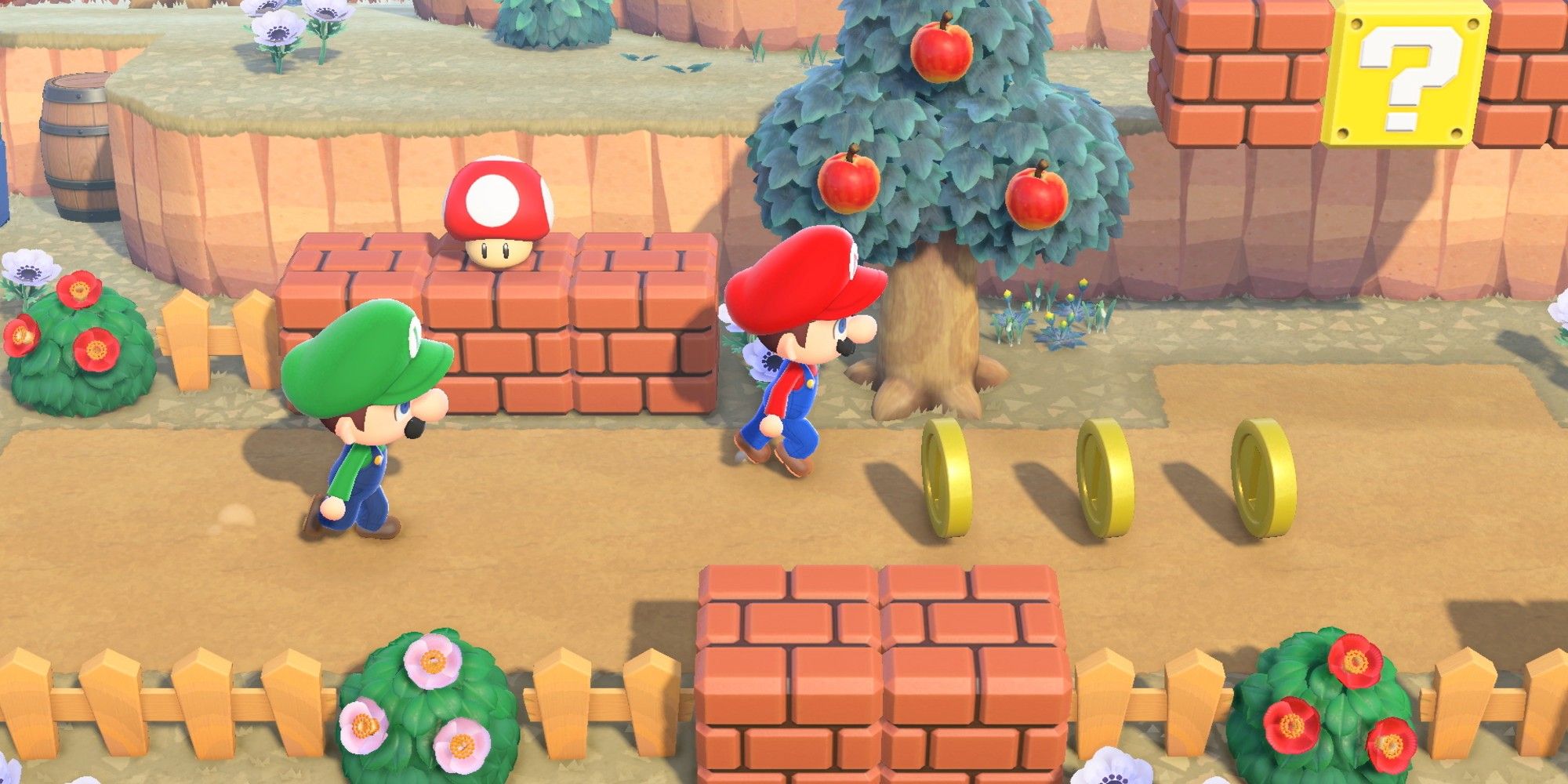 Players dressed as Mario and Luigi run through a row of Super Mario Bros Coin decoration items in Animal Crossing: New Horizons