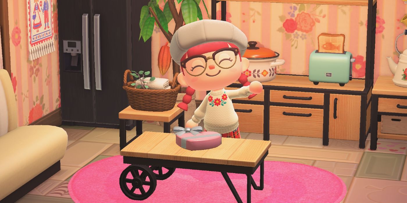 A player in Animal Crossing New Horizons stands before a box of Valentine's Day chocolates