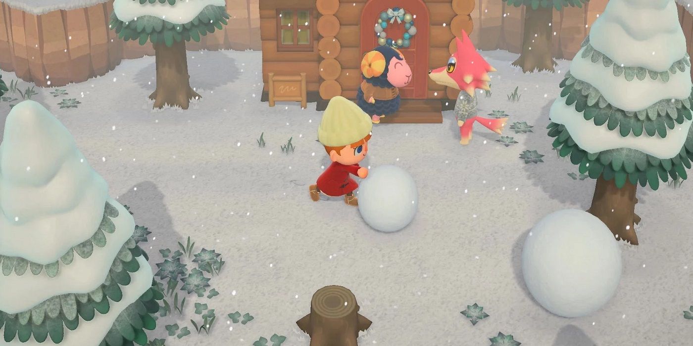Um jogador rola uma bola de neve no chão em Animal Crossing New Horizons