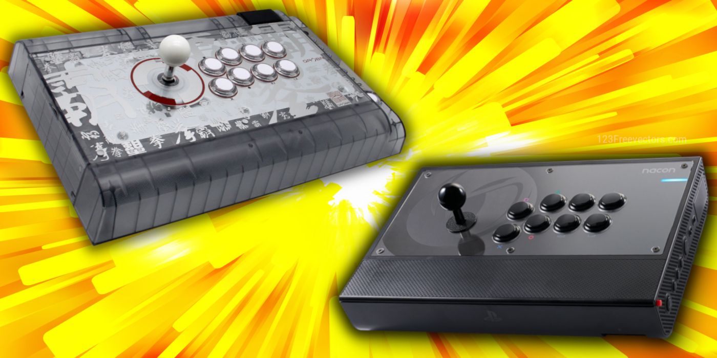 Two fightsticks in front of a yellow explosion background