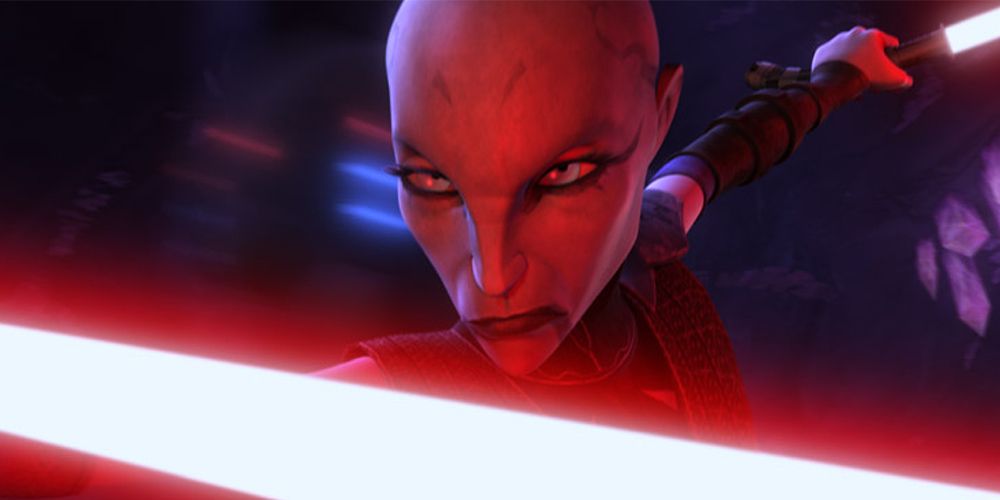 Asajj Ventress glares across her red lightsaber in Star Wars Clone Wars