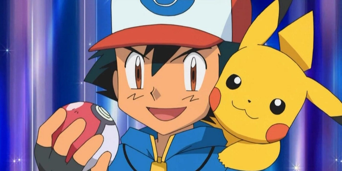 Ash Ketchum holding a pokeball with Pikachu on his shoulders in Pokémon