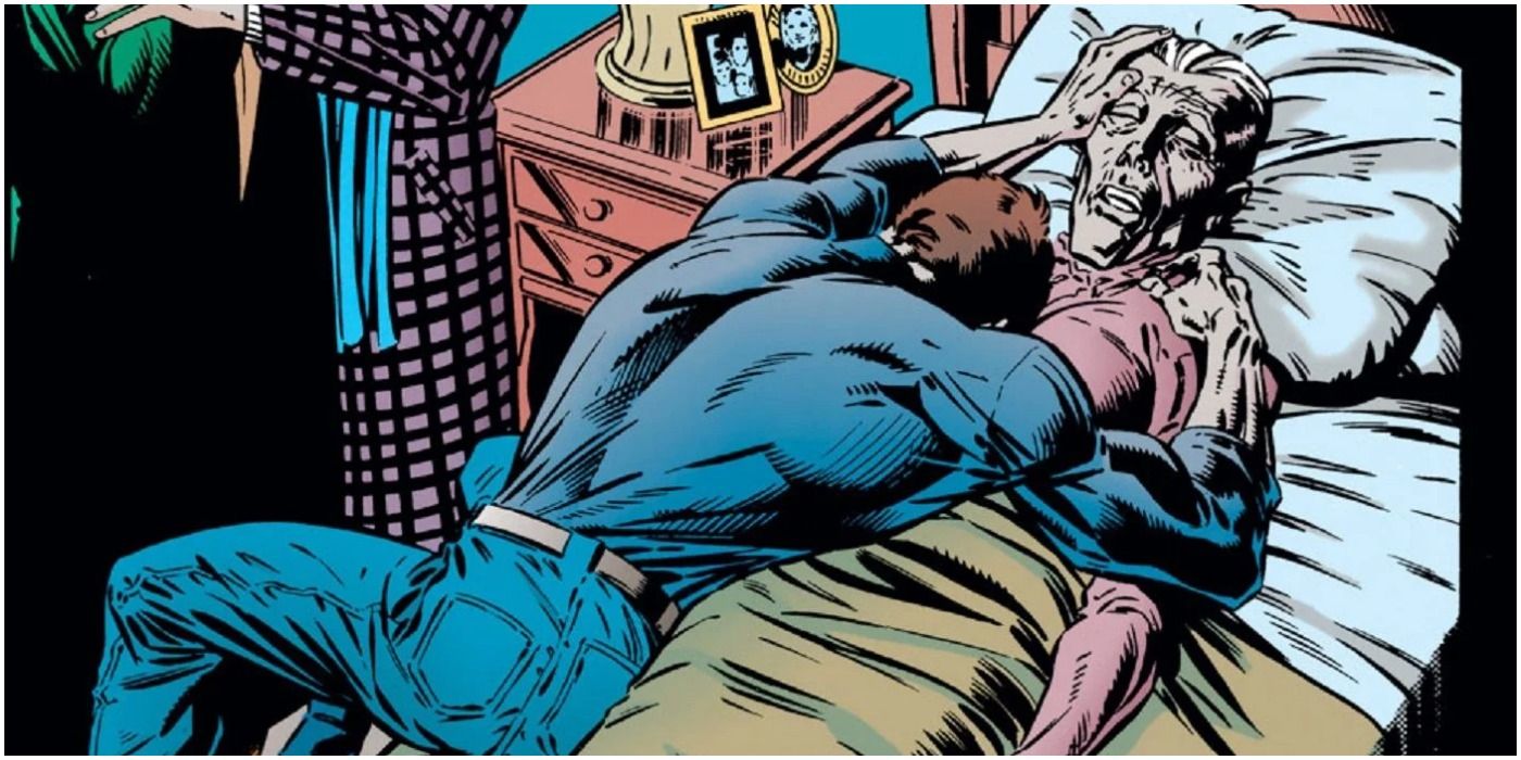 Peter Parker sobs on the bed of his Aunt May in Marvel Comics.