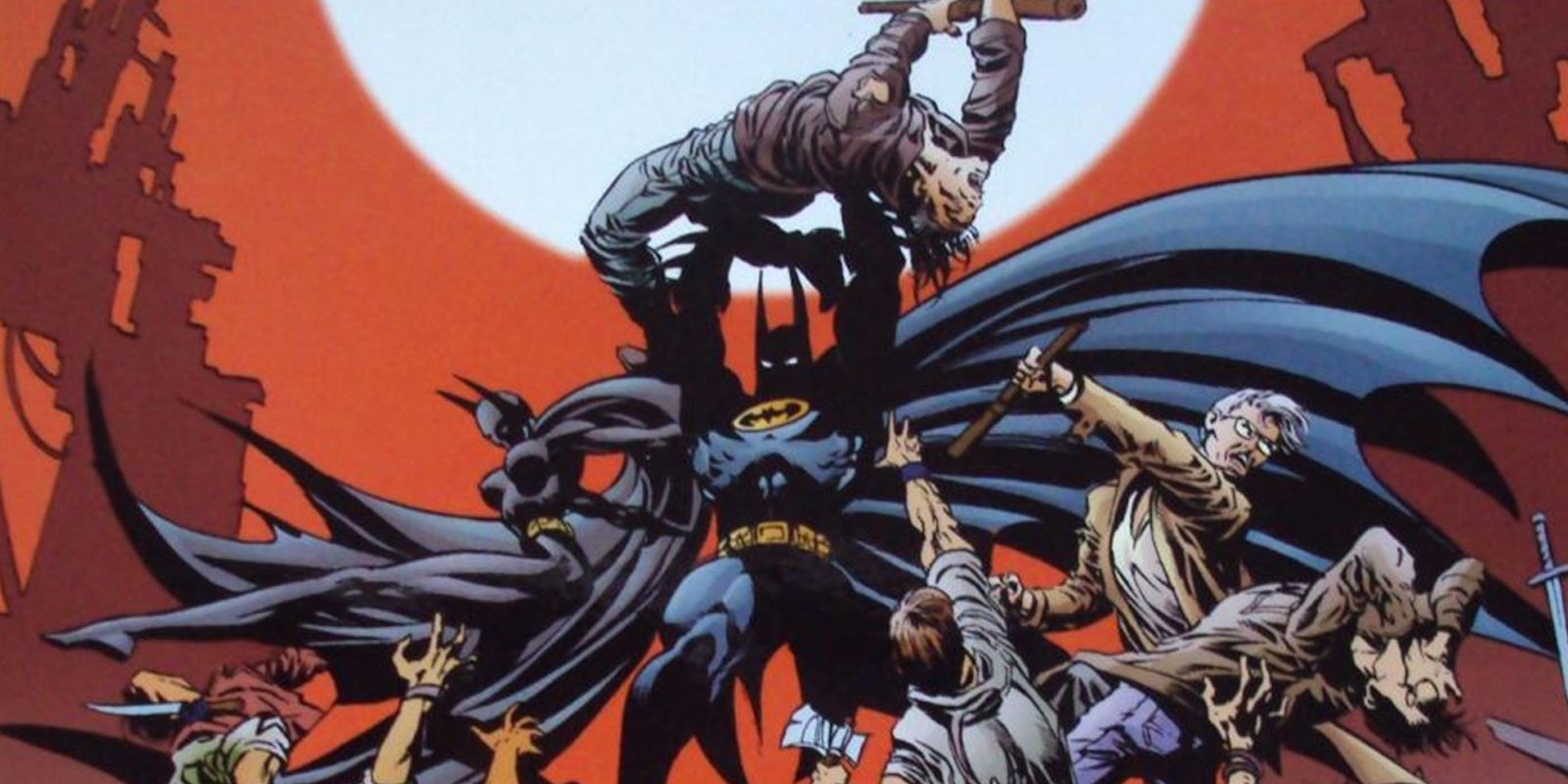 Batman, Batgirl, and Jim Gordon fighting gangs in Batman No Man's Land