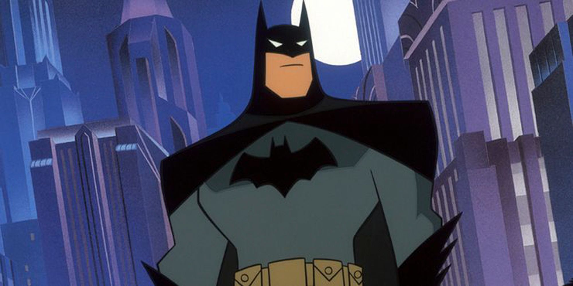 Batman pairando sobre Gotham em The New Batman Adventures