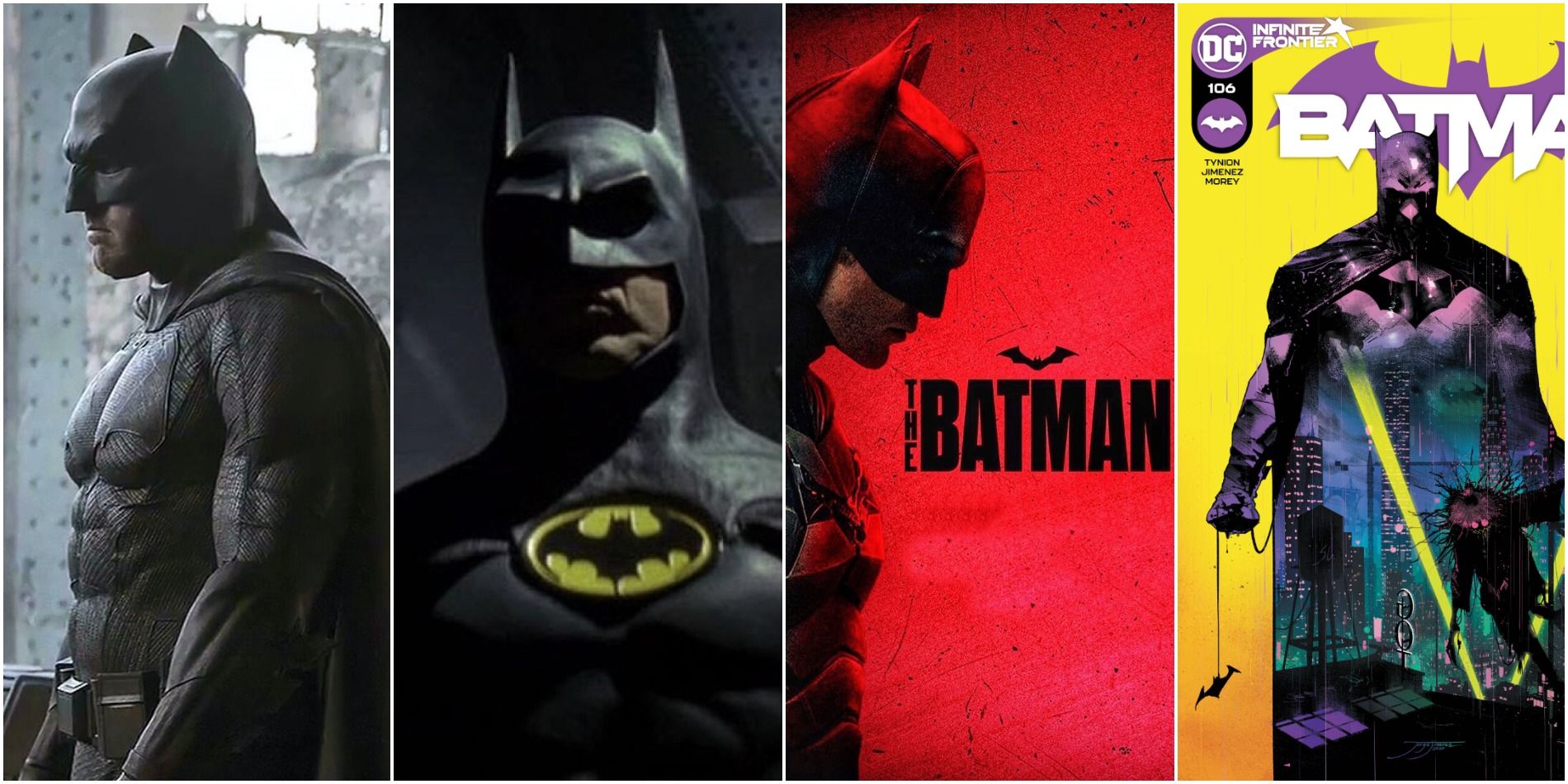 Ben Affleck, Michael Keaton and Robert Pattinson as their respective Batmen, and cover art for James Tynion IV and Jorge Jimenez's Batman #106