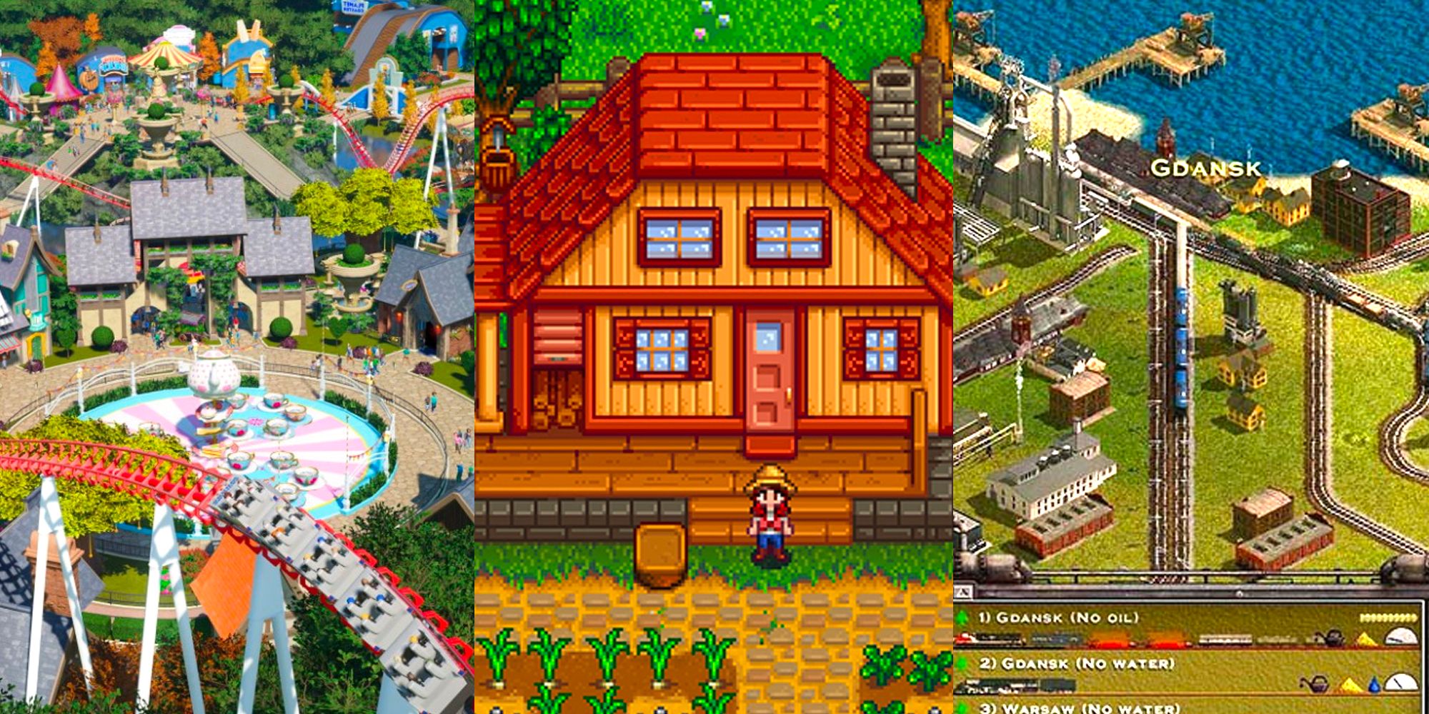 Split image: Gameplay screenshots from Roller Coaster Tycoon, Stardew Valley and Transportation Tycoon.