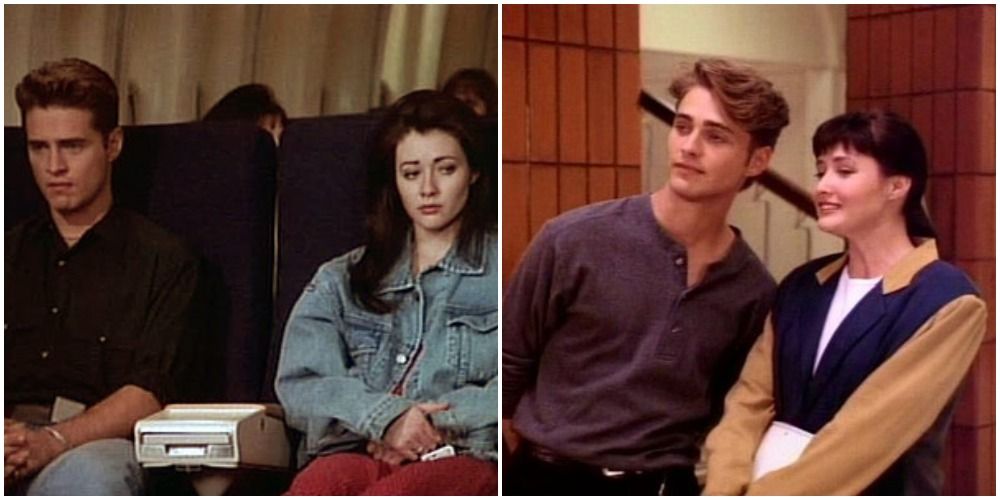Brandon and Brenda from 90210 - split image of them mad at each other and together looking at something in the distance.
