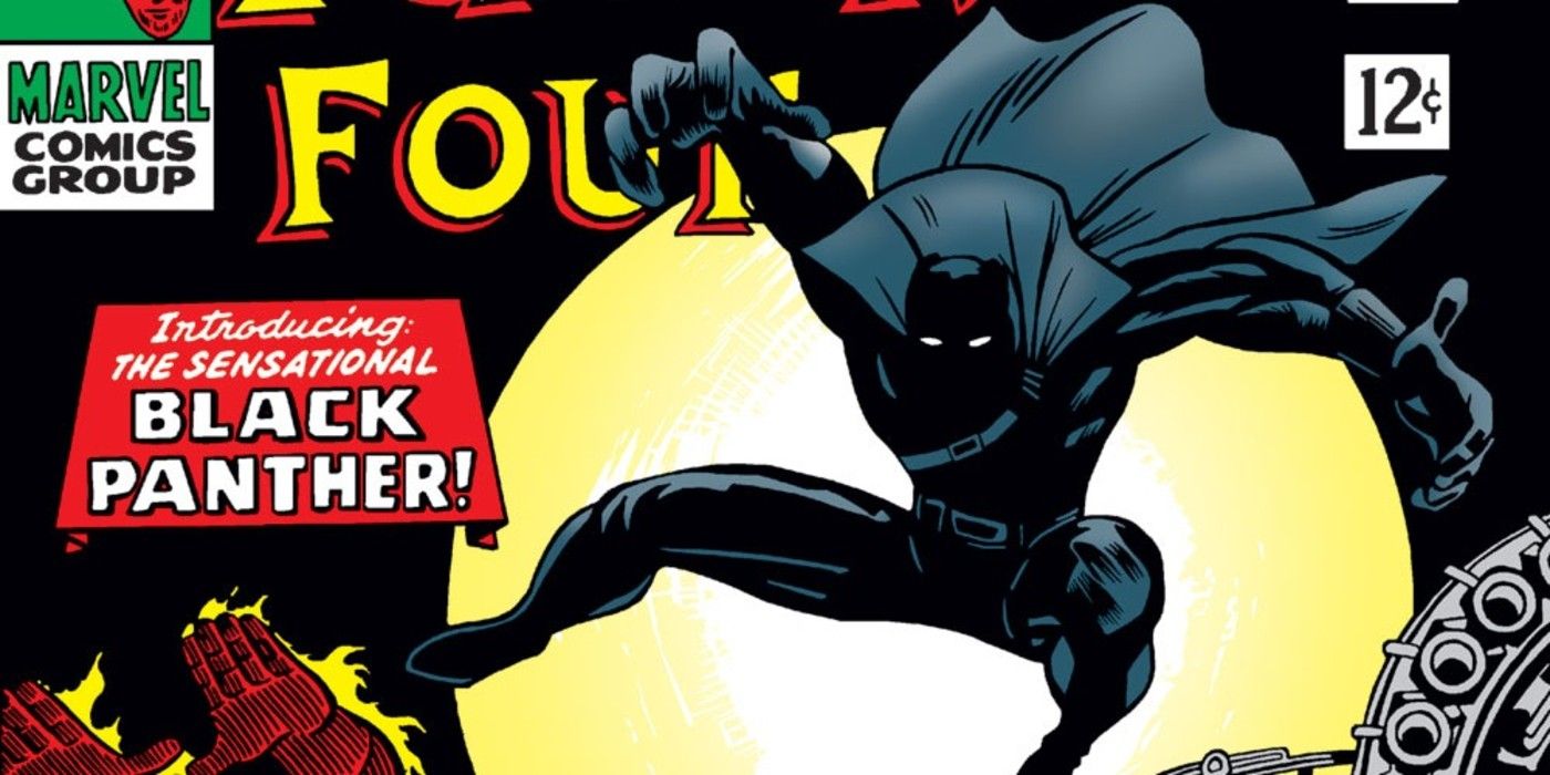 Black Panther leaps into action on the cover of Fantastic Four #52 comic.