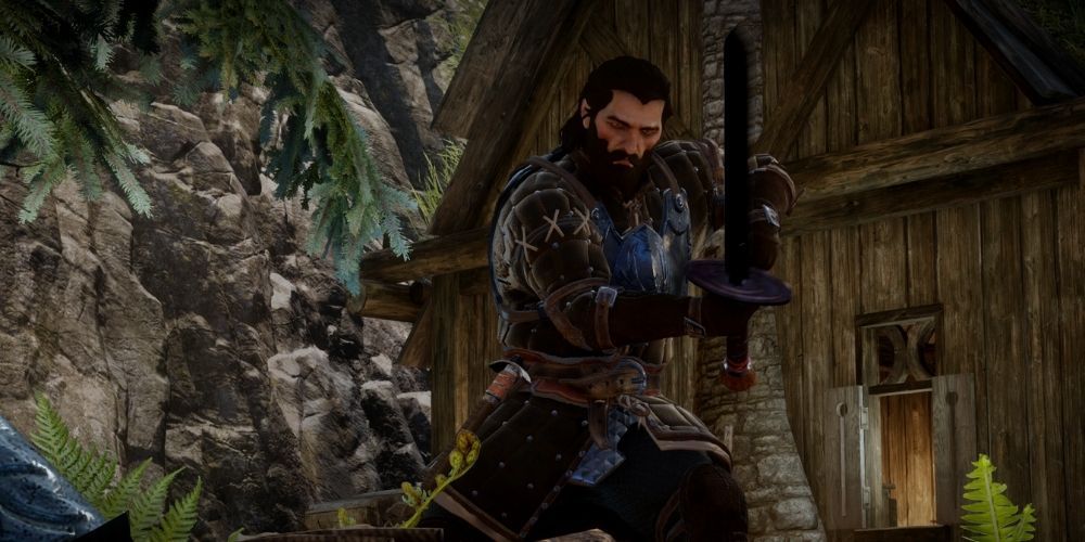 Blackwall wielding a wooden sword in Dragon Age Inquisition