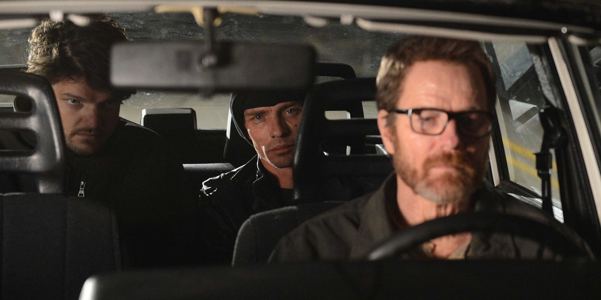 Badger and Skinny Pete sit in a car with Walter in Breaking Bad