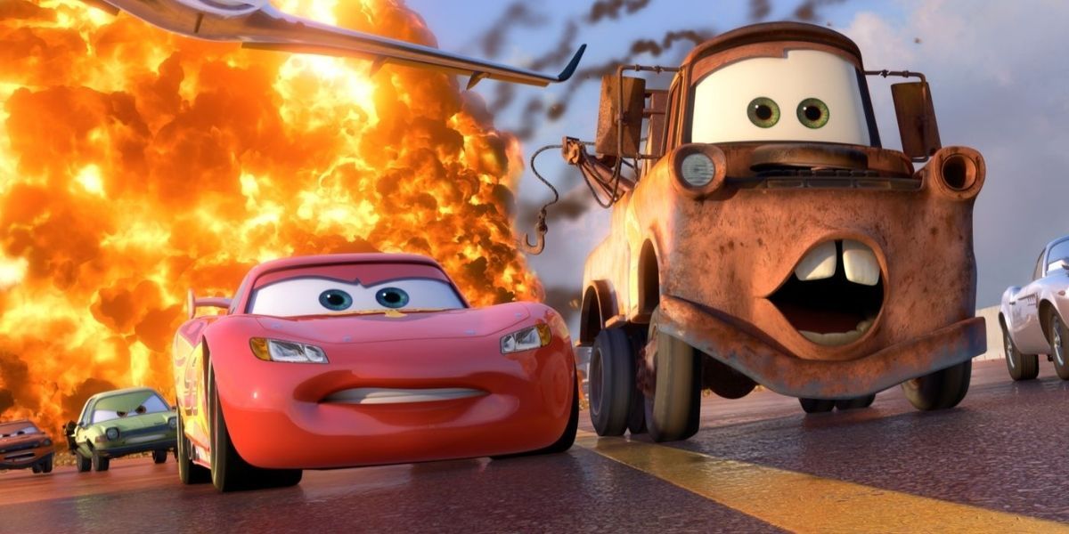 Lighting McQueen and Mater driving away from an explosion in Cars 2