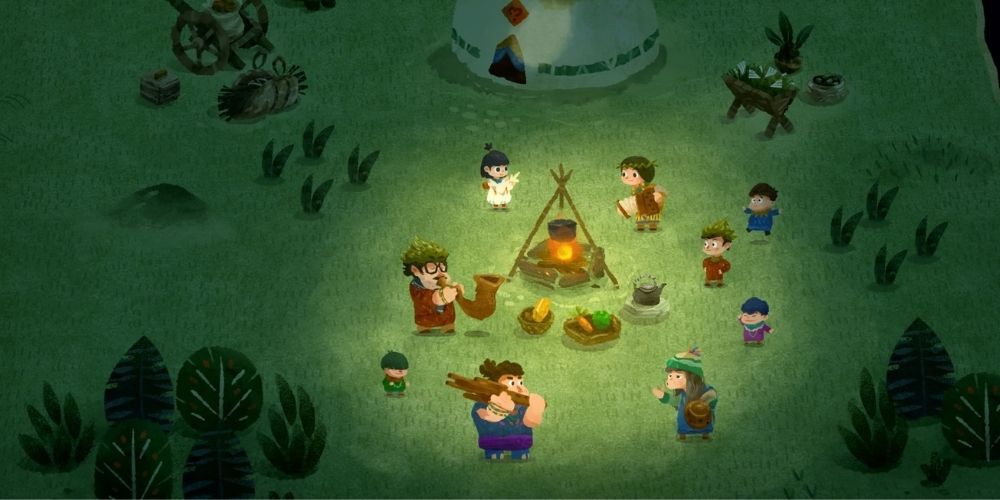 Carto and islanders around a campfire in the video game, Carto