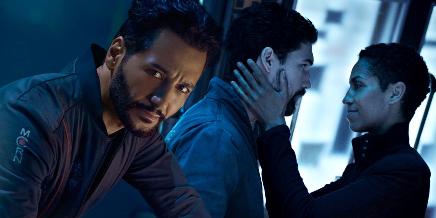 Cas Anvar as Alex, Steven Strait as Holden and Dominique Tipper as Naomi in The Expanse