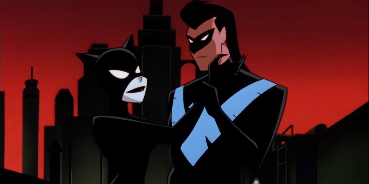 Mulher-Gato flertando com o Asa Noturna em The New Batman Adventures