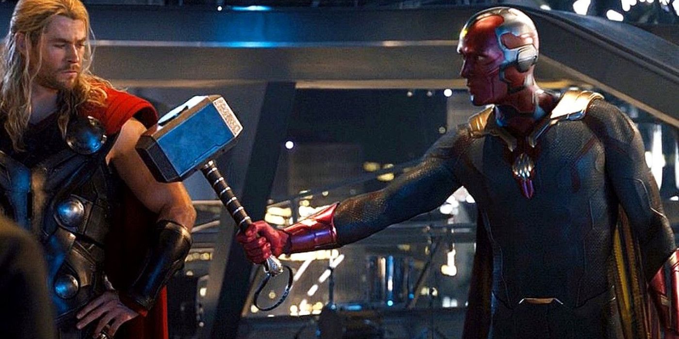 Vision hands Thor his hammer in Avengers: Age of Ultron