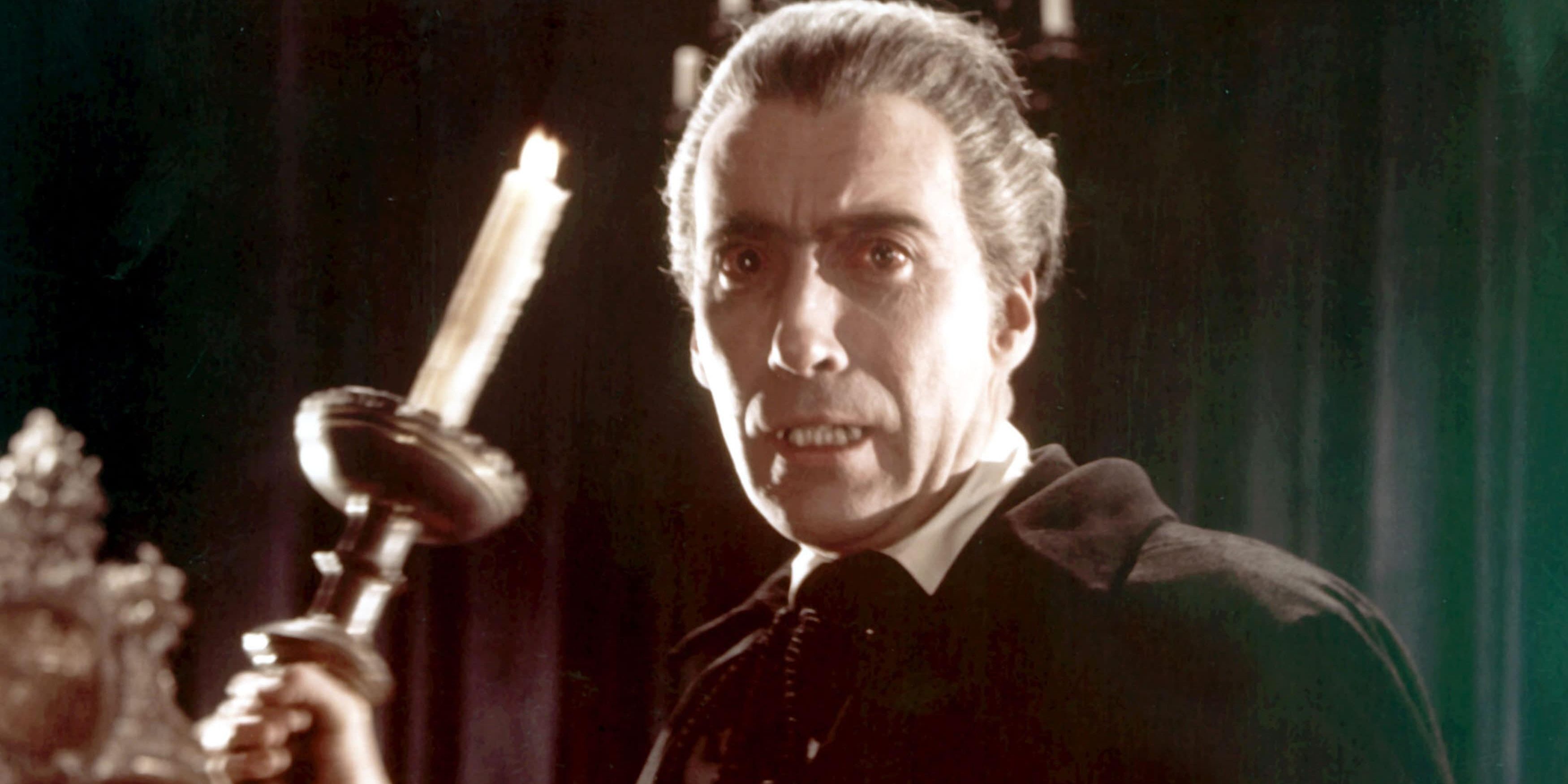 Christopher Lee as Dracula in Dracula Dracula holding a candlestick (Hammer Horror Series)