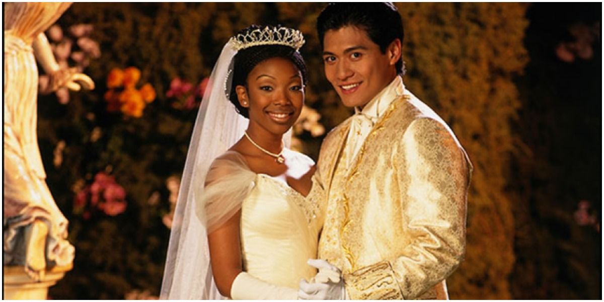 Cinderella Wedding Dress 1997-Cinderella and the prince smiling in the photo