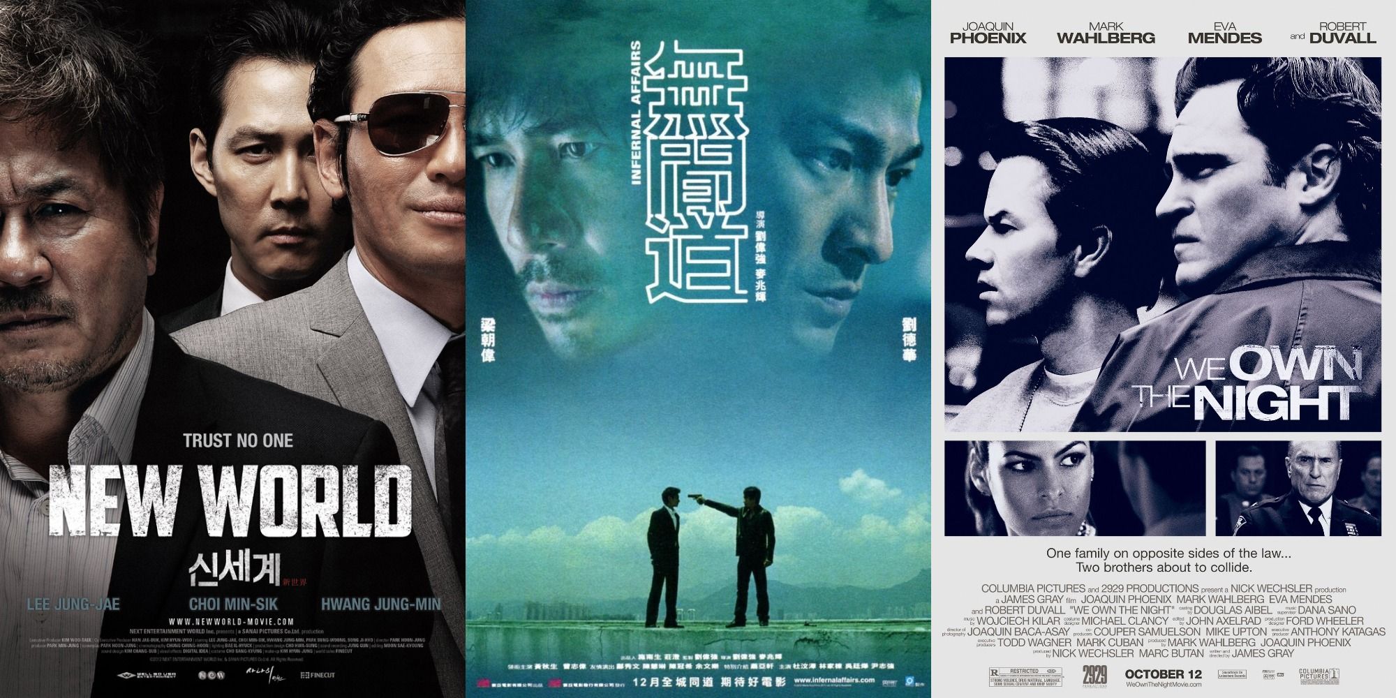 Collage of posters for New World, Infernal Affairs and We Own the Night