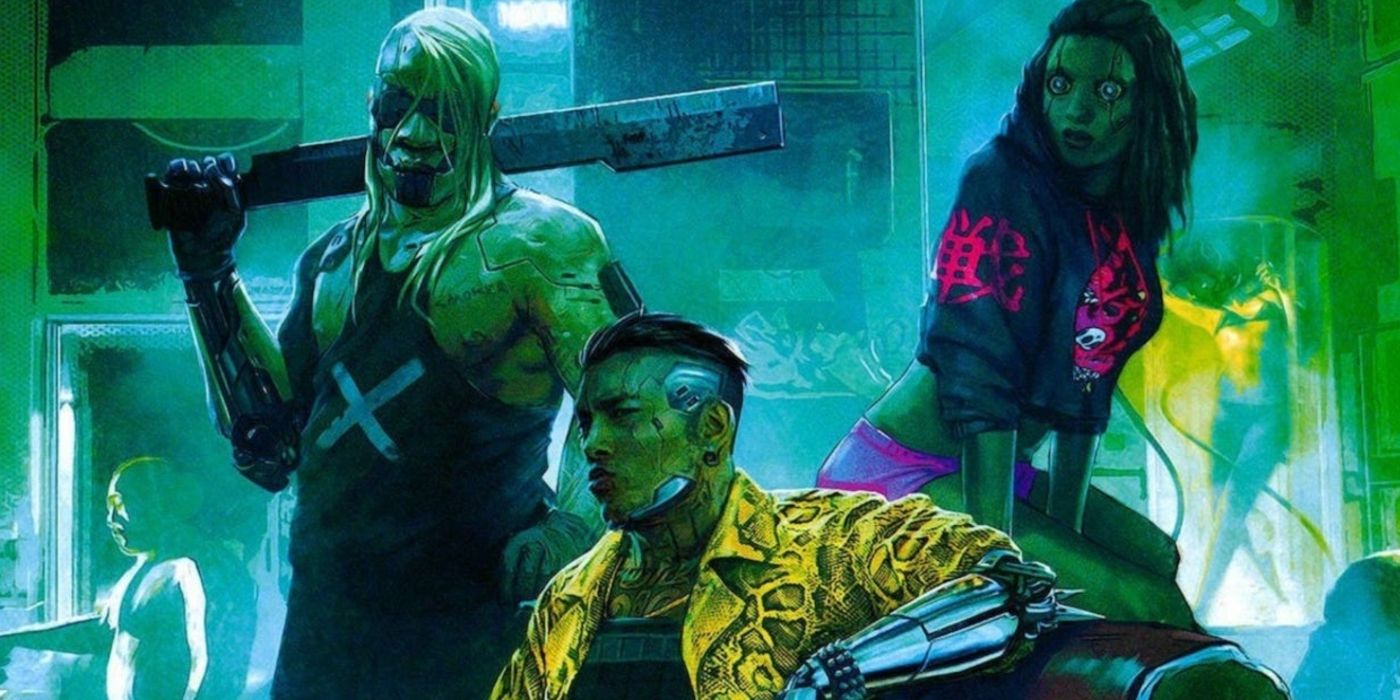 Three Cyberpunk 2077 gang members, all with varying Cyberware enhancements and one holding a machete-like weapon.