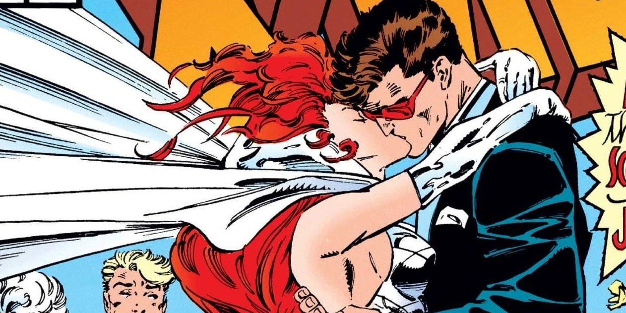 Cyclops & Jean Grey kiss at their wedding in Marvel Comics.