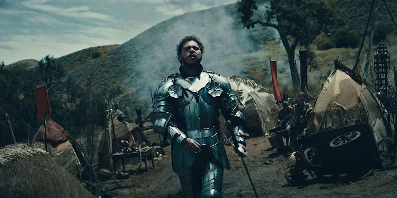 Post Malone Circles music video still of Post Malone in armor.