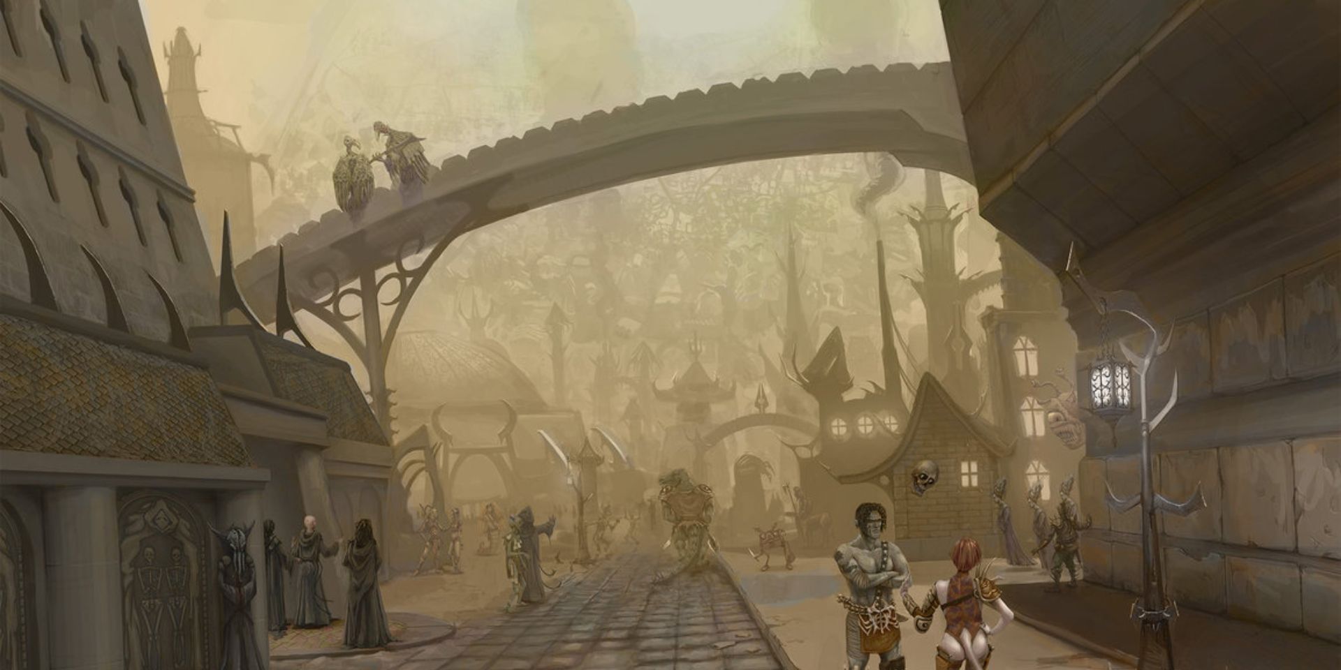 View of a city street in D&D's Planescape setting, with a footbridge spanning above and a gnarled forest in the background.