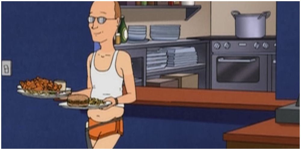 Dale Gribble working at a restaurant, and wearing short shorts. 
