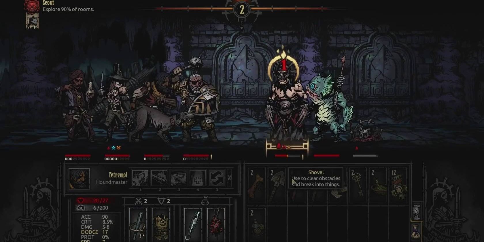 Darkest Dungeon - Party Facing Sea Monster And Masked Villain In Combat