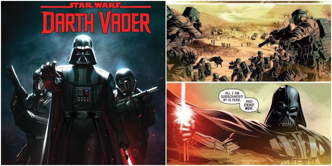 Cover of Dark Heart of the Sith, written by Greg Pak, penciled by Raffaele Ienco and cover by InHyuk Lee, and a panel from Vader Down by Jason Aaron and Kieron Gillen