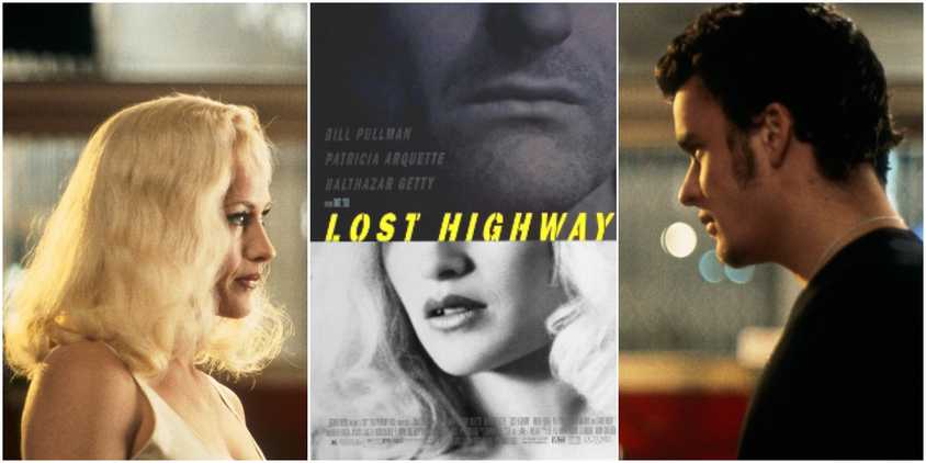 Alice and Pete looking at each other with Lost Highway poster in between them